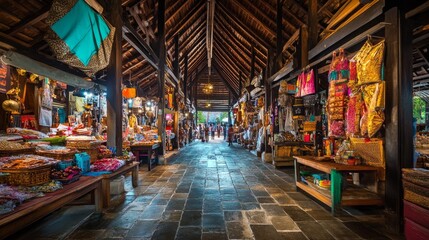 Naklejka premium A centuries-old Thai market hall with wooden beams, stone floors, and intricate wall carvings, filled with local vendors