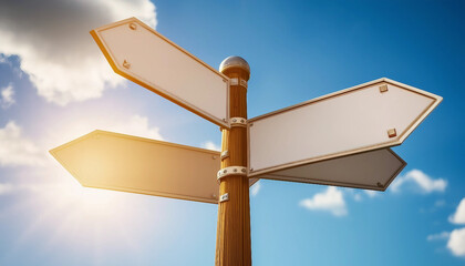 Obraz premium Blank directional signposts against a clear blue sky