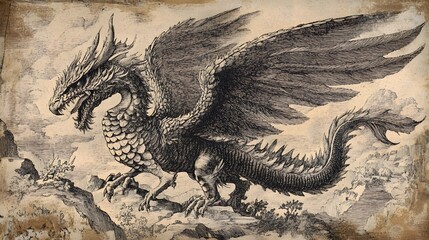 An ancient book illustration in the style of old engravings, depicting a mythical creature in exquisite detail