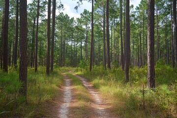 Bike trail through pine forest, adventurous and engaging