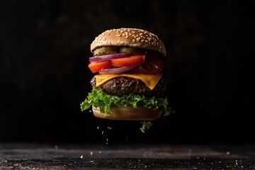 Außergewöhnliche Burger-Foodfotografie: Kreative Burger-Komposition. Kulinarische Kunst, appetitanregende Präsentation. Amerikanische Küche, Gourmet-Stillleben. Hochwertig, detailreich