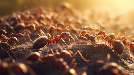 A close-up view of ants bustling on the ground, showcasing their intricate behavior and habitat.