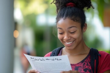 A student reading a welcome letter from their university, smiling as they anticipate the start of their college experience