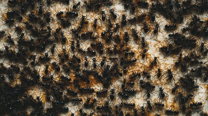 A close-up view of a dense colony of ants on a surface.