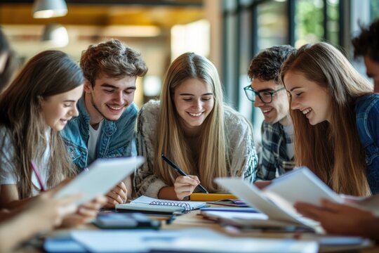 College students in a study group, collaborating on assignments and discussing course materials, building academic relationships