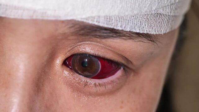 結膜下出血　外傷により結膜の血管が破れて真っ赤になった目　顔を横切る影あり