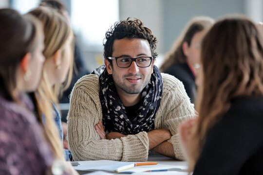 A group of adults in a language learning workshop, practicing conversation skills in pairs, eager to improve their fluency