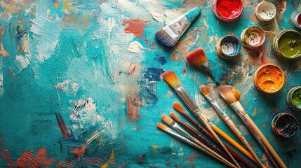 Fototapeta premium A vibrant artist's workspace with paint, brushes, and colorful strokes on a canvas.