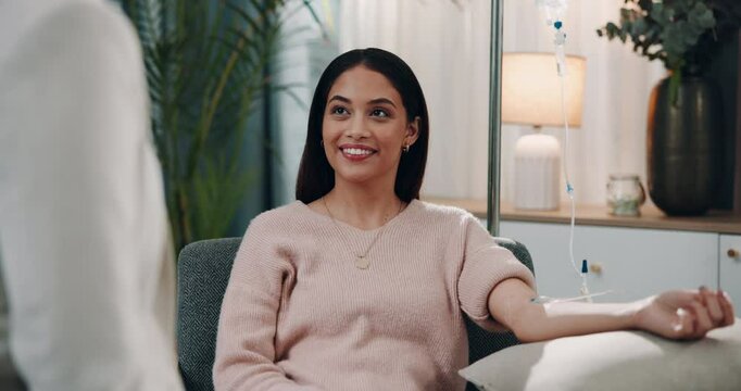 Woman, happy and IV drip in clinic for healthcare, wellness and ketamine treatment for mental health. Infusion therapy, girl and smile in practice with therapist, injection or medicine for depression