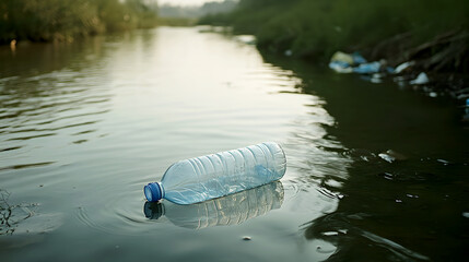 crumpled plastic bottle floating down a river toward an industrial waste site, symbolizing the global environmental crisis
