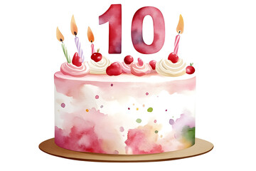 Watercolor Celebration cake with red berries and number 10 isolated on white background