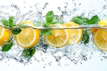 Close up of yellow lemon slices splashing into fresh water with green mint leaves.