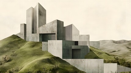 An architectural collage combining Neo Brutalism with natural landscapes, featuring concrete structures against a backdrop of green hills