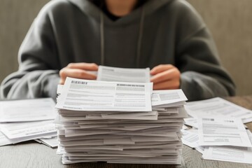 A person sitting with a stack of debt notices in front of them, set against a solid background, emphasizing the emotional impact of financial stress