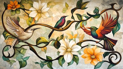 A dynamic Art Nouveau mural depicting flowing vines, birds, and flowers in a harmonious blend of colors