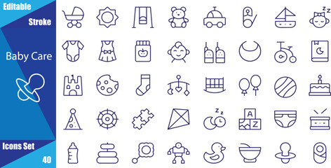 Baby care editable stroke outline icons set isolated on white background flat vector illustration