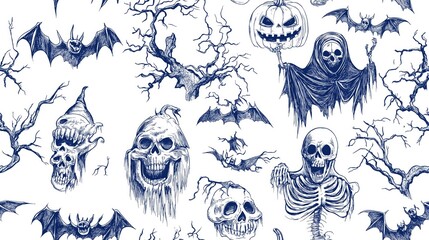 Obraz premium Halloween pattern. Blue pen drawing of Halloween symbols