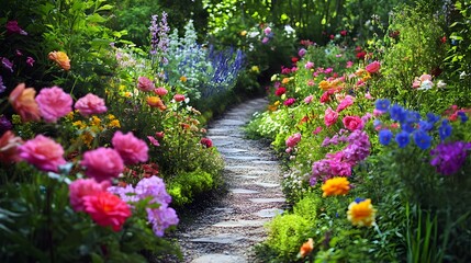 A garden path covered in different varieties of flowers, creating a bright and colorful natural setting with a sense of depth