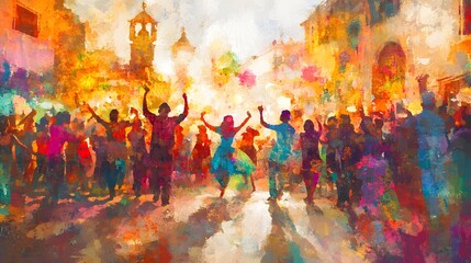 A bright festival scene filled with vivid colors, dancers, and performers, capturing the energy and vibrancy of the celebration