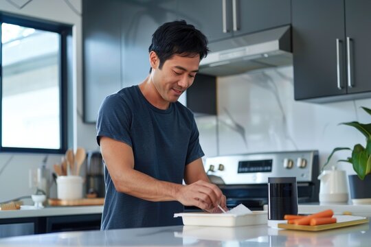 Man managing household tasks with a virtual assistant, demonstrating the ease of AI technology in organizing daily activities