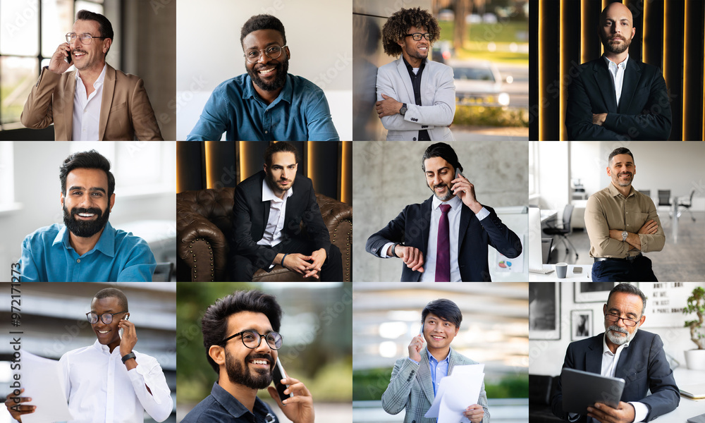 Poster a variety of business professionals are engaged in conversations, some on phone calls while others a