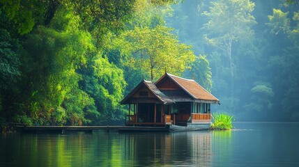 Fototapeta premium A traditional Thai boat house floating on a calm river, made of aged wood with a small jetty and surrounded by lush greenery.