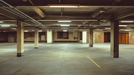 Naklejka premium A spacious, empty underground parking garage with concrete pillars and overhead lights.