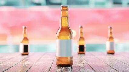 Beer bottles on wooden table. Bright modern style. Beverage display concept. For bar or restaurant menu. Design purpose. Front view with copy space.
