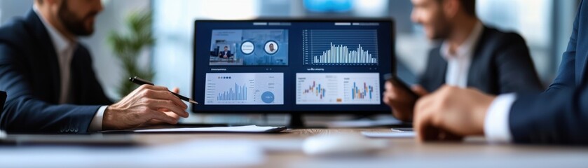 Fototapeta premium Business meeting with data analysis on screen, showcasing charts and graphs for informed decision-making.
