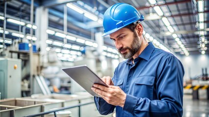 Worker reviewing quality inspection reports on a tablet while examining a product sample, [quality control], [digital quality management]