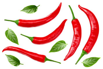 red hot chili peppers with green leaves isolated on white background clipping path