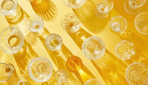 Glassware arranged creatively on a bright yellow background, showcasing various shapes and designs, casting unique shadows, perfect for modern decor and vibrant aesthetics