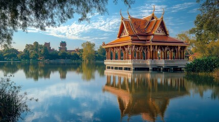 Fototapeta premium A traditional Thai food stall selling grilled sticky rice with coconut milk, banana leaves wrapping the delicate portions on a rustic wooden table.