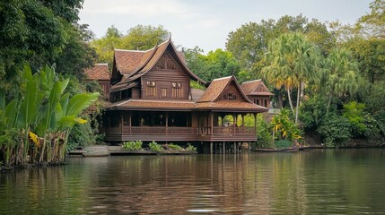 A traditional Thai food stall selling grilled sticky rice with coconut milk, banana leaves wrapping the delicate portions on a rustic wooden table.