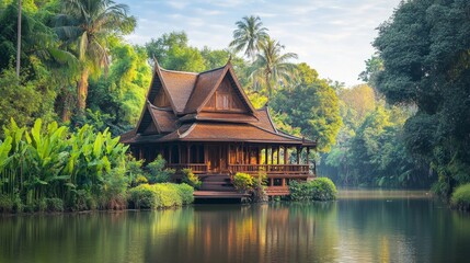 Fototapeta premium A traditional Thai food stall selling grilled sticky rice with coconut milk, banana leaves wrapping the delicate portions on a rustic wooden table.