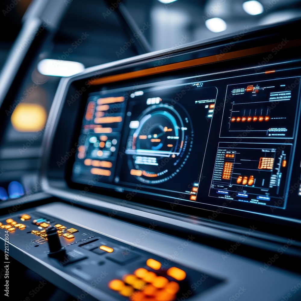 Poster futuristic control panel with vibrant displays and buttons.