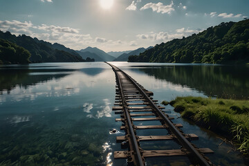 Train railway on the lake with beautiful landscape