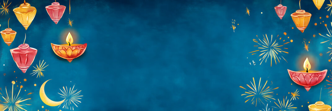 Cute and Playful Diwali Invitation Template: Craft a whimsical Diwali invitation with a blue background, incorporating charming diya lamps, lanterns, moon and fireworks designs. Add blank spaces for a