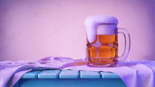 Overflowing beer mug on blue wooden table. Rustic beverage scene. Refreshing concept. For pub, bar, brewery branding. Poster with copy space.