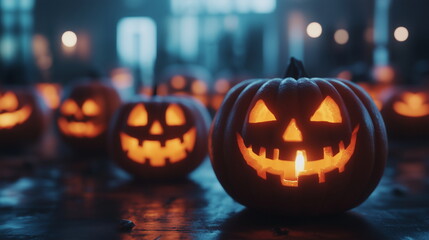 Glowing Jack-o'-Lantern Pumpkins Lighting Up a Spooky Halloween Night