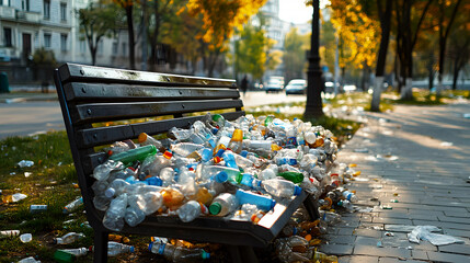Crumpled plastic bottles and other waste covering a park bench in a city, symbolizing the unhygienic conditions created