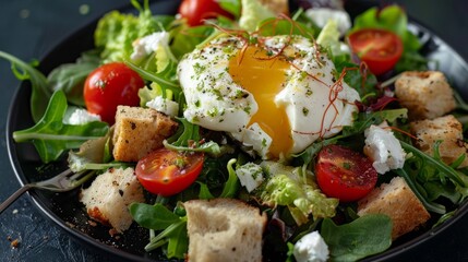 A salad with mixed greens, croutons, and cherry tomatoes is topped with a burrata egg that's melting over the top of it on a black plate. 