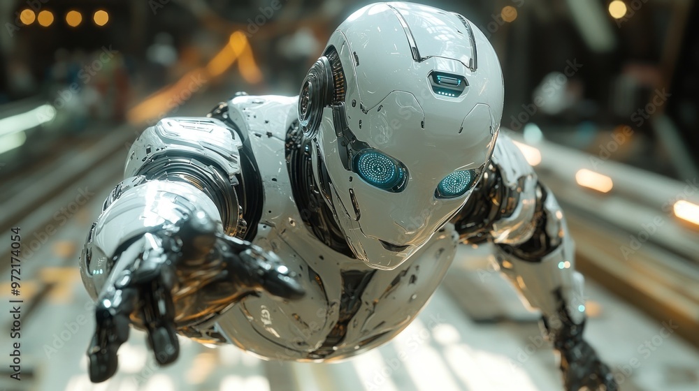 Poster a futuristic robot reaching out in a high-tech environment.