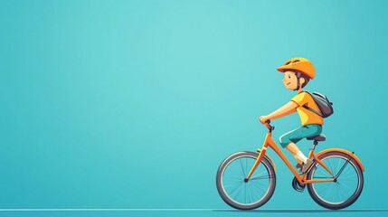 Naklejka premium A cartoon boy wearing a helmet rides a bicycle on a blue background.