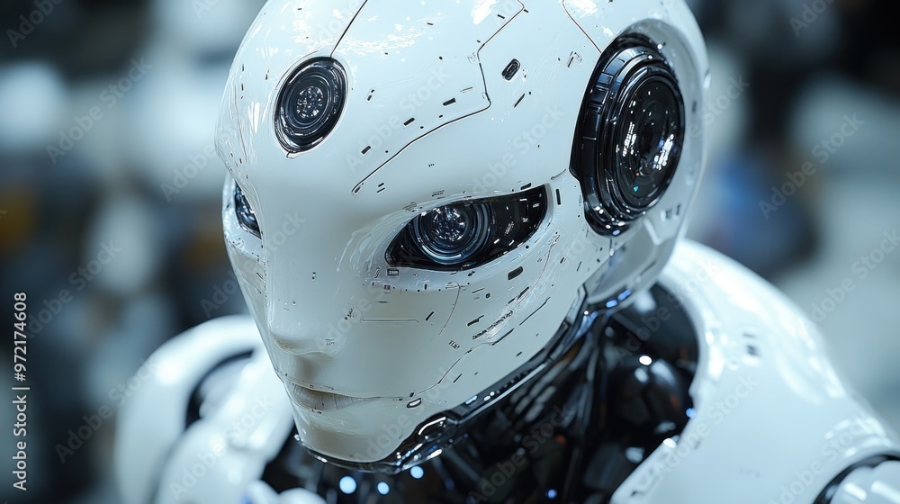 Aufkleber a futuristic humanoid robot with a sleek design and expressive features.