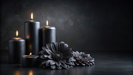 Black flower and burning candles on dark background for obituary notice funeral announcement necrology