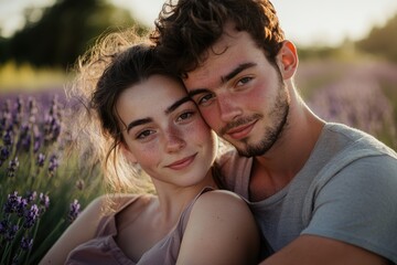 Obraz premium High-resolution brightly lit photorealistic candid photograph of a young couple resting together in a lavender field, their faces filled with happiness and love. The photograph is styled like a