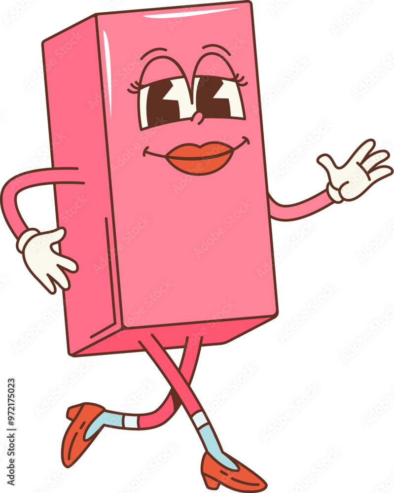 Poster cartoon groovy math geometric rectangle figure. isolated vector cheerful pink parallelogram characte