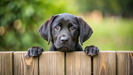 black labrador puppy peering over wooden fence