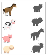 Find the correct shadow activity for kids animals farm, matching shadow worksheet for preschool or kindergarten in theme animals 